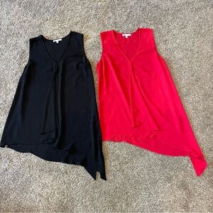 Set of 2 asymmetrical tunic flowy tops with front ruffle and side slits, v-neck